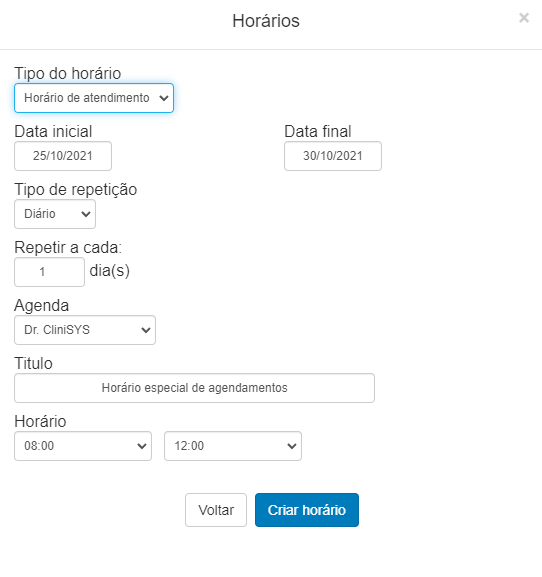 Configuração de horários especiais